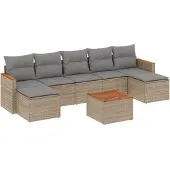 vidaXL Matgrupp för trädgården med dynor 7 delar beige konstrotting