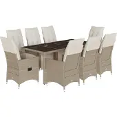 vidaXL Caféset för trädgården 9 delar med dynor beige konstrotting