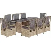 vidaXL Matgrupp för trädgården med dynor 9 delar beige konstrotting