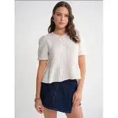 MixRay Texturerad muslintopp med rund hals och knappstängning
