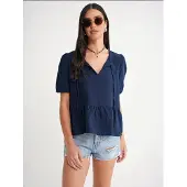 MixRay Texturerad muslin crew neck-blus med kantdetalj