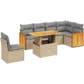 vidaXL Matgrupp för trädgården med dynor 7 delar beige konstrotting