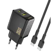 Dudao Väggladdare PD QC 35W med USB och USB-C + USB-C-Kabel - Svart