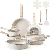 Vevor 17-delars kastrull- och stekpannset, granit nonstick-kokkärlsset, induktionskokar, köksredskap för husbilar med stekning, sås och sauté, lock i härdat glas och stekpannskydd, vit