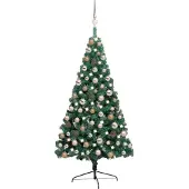 vidaXL Belyst halv plastgran med kulor grön 120 cm