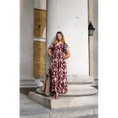 Gini London Burgundy Metallic Jacquard Flutter Sleeves Floral Maxi Dress
