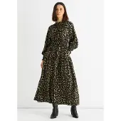 Gini London Khaki Djurtryck Rynkad Hög Nack Maxi Klänning