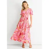 Gini London Röd blommig midiklänning med omlott och bälte