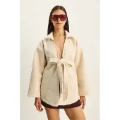 Bianco Texturerad Oversized V-ringad Cardigan med Knytning