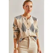 Bianco Geometrisk Stickad Knapp-up Crop Cardigan