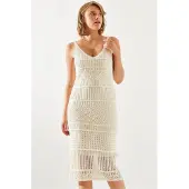 Bianco Strukturerad V-ringad midiklänning i knittrig material