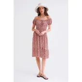 MixRay Off-Shoulder Blommig Smockad Midja Puffärmad Midiklänning