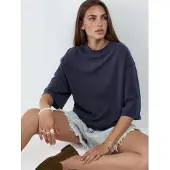 Busem Oversized Ribbad Croppad Blus med Rund Halsringning