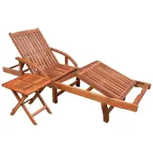 vidaXL Loungestol med bord - - Massivt akaciaträ - Justerbart ryggstöd - Fällbart bord - 2 hjul