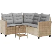 vidaXL Trädgårdssoffa med bord och kuddar L-formad beige konstrotting