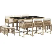 vidaXL Matgrupp för trädgården med dynor 11 delar beige konstrotting