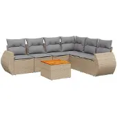 vidaXL Matgrupp för trädgården med dynor 7 delar beige konstrotting