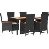 vidaXL Matgrupp för trädgården med dynor 7 delar svart konstrotting