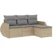 vidaXL Soffgrupp för trädgård med dynor 4 delar beige konstrotting