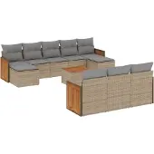 vidaXL Loungegrupp för trädgården m. dynor 11 delar beige konstrotting