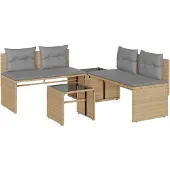 vidaXL Soffgrupp för trädgård med dynor 4 delar beige konstrotting