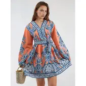 MSN Collection V-ringad Paisley A-linjeformad Miniklänning med Knappar
