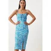Happiness İstanbul Blommig Ribbad Bodycon Midiklänning med Slits