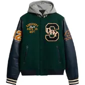 Superdry för män. M5012088A Bomberjacka med huva och grönt universitetsmärke (M), Casual, Ull