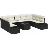 vidaXL Trädgårdsoffset med kudde 9 pcs Svart och kräm Polyrattan
