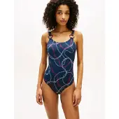 Tommy Hilfiger för kvinnor. UW0UW06481 Marinblå baddräkt med lågt skuren rygg och ringar (M), Strandkläder, Nylon, Marino