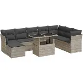 vidaXL Loungegrupp för trädgården m dynor 9 delar ljusgrå konstrotting