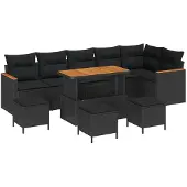 vidaXL Trädgårdsoffset med kudde 10 pcs Svart Poly rattan