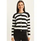 Bianco Knäppt Randigt Stickat Cardigan