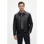 BOSS Regular-fit leather shirt with metal logo buttons