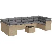 vidaXL Loungegrupp för trädgården m. dynor 11 delar beige konstrotting