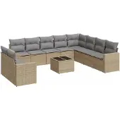 vidaXL Loungegrupp för trädgården m. dynor 11 delar beige konstrotting