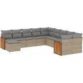 vidaXL Loungegrupp för trädgården m. dynor 11 delar beige konstrotting