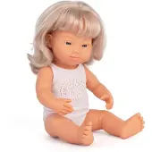 Miniland Docka 15'' Kaukasisk Blond Flicka med Downs Syndrom (Låda) - Tillverkad i Spanien, Anatomiskt Korrekt, Kvalitet