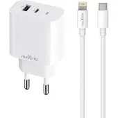 MaXlife USB-Laddare PD QC 20W med USB och USB-C + Lightning-Kabel