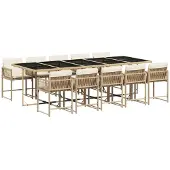 vidaXL Matgrupp för trädgården med dynor 11 delar beige konstrotting