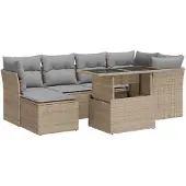 vidaXL Matgrupp för trädgården med dynor 7 delar beige konstrotting