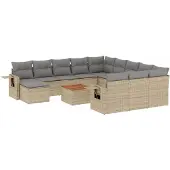 vidaXL Soffgrupp för trädgården med dynor 13 delar beige konstrotting