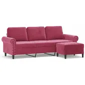 vidaXL 3-sitssoffa med fotstöd vinröd 180 cm sammet