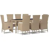 vidaXL Matgrupp för trädgården med dynor 9 delar beige konstrotting