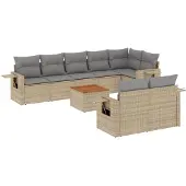 vidaXL Soffgrupp för trädgården med dynor 9 delar beige konstrotting