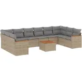 vidaXL Loungegrupp för trädgården m. dynor 11 delar beige konstrotting
