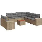 vidaXL Soffgrupp för trädgård med dynor 10 delar beige konstrotting