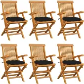 vidaXL Trädgårdsstolar med svarta dynor 6 st massiv teak