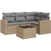vidaXL Soffgrupp för trädgården med dynor 5 delar beige konstrotting
