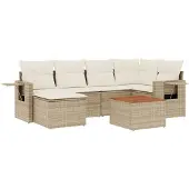 vidaXL Matgrupp för trädgården med dynor 7 delar beige konstrotting